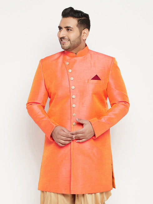 Vastramay Men's Plus Size Orange Slim Fit Sherwani Only Top